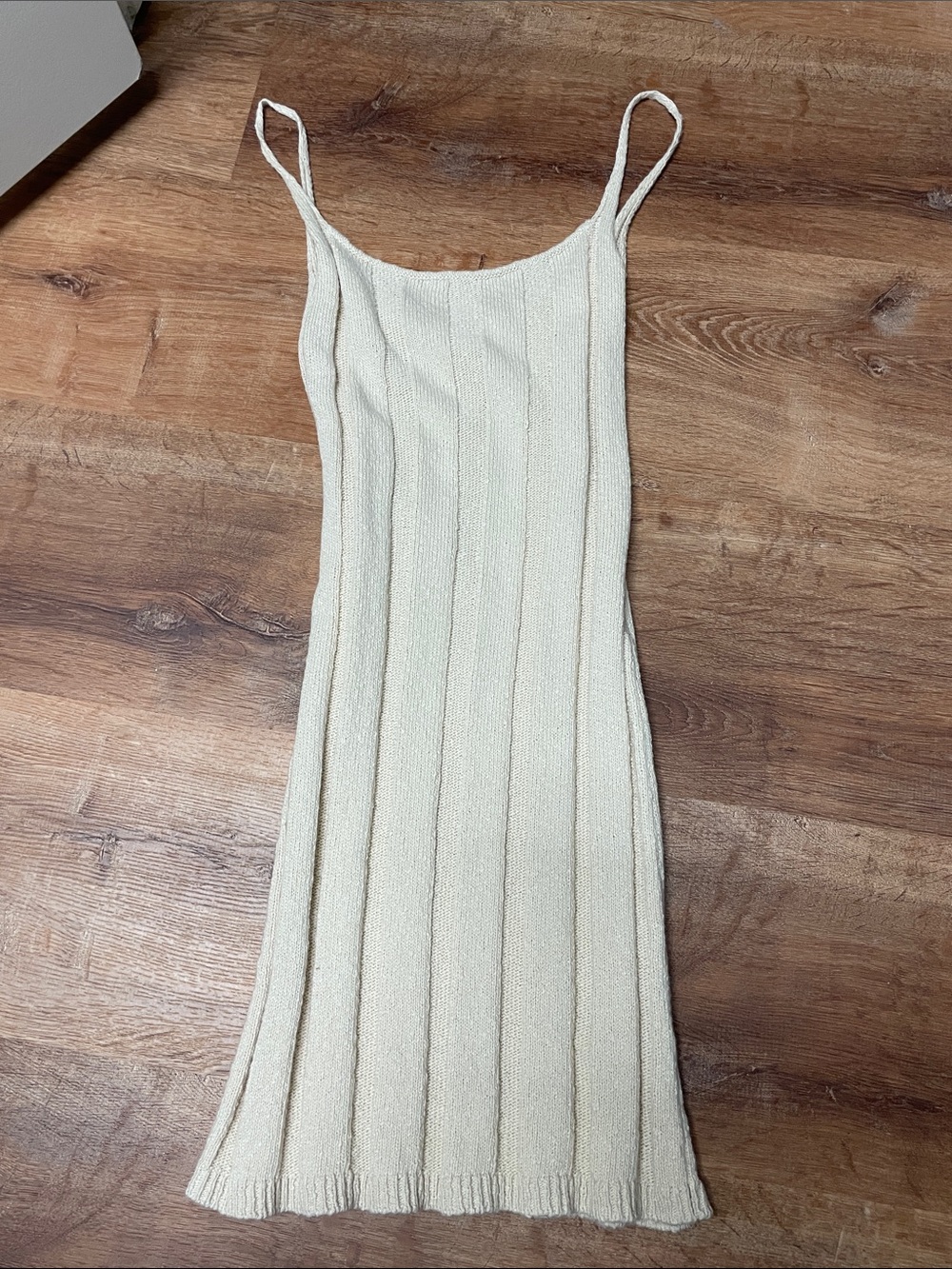 Cream Ribbed Knit Midi Dress with Spaghetti Straps